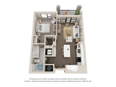 a 3d floor plan of a 555 square foot 1 bedroom apartment